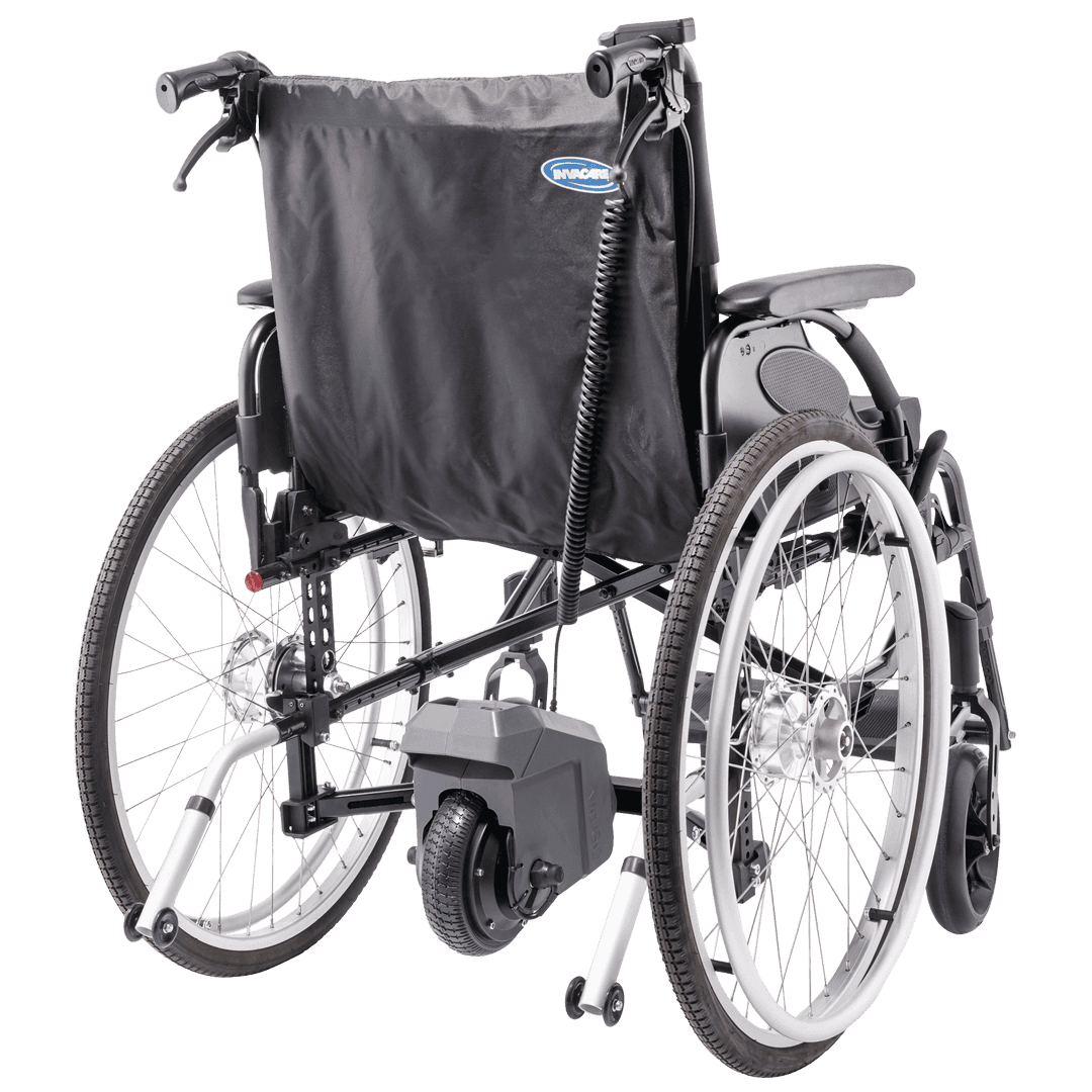 Rückansicht eines Rollstuhls mit angedockter via go Schiebehilfe.