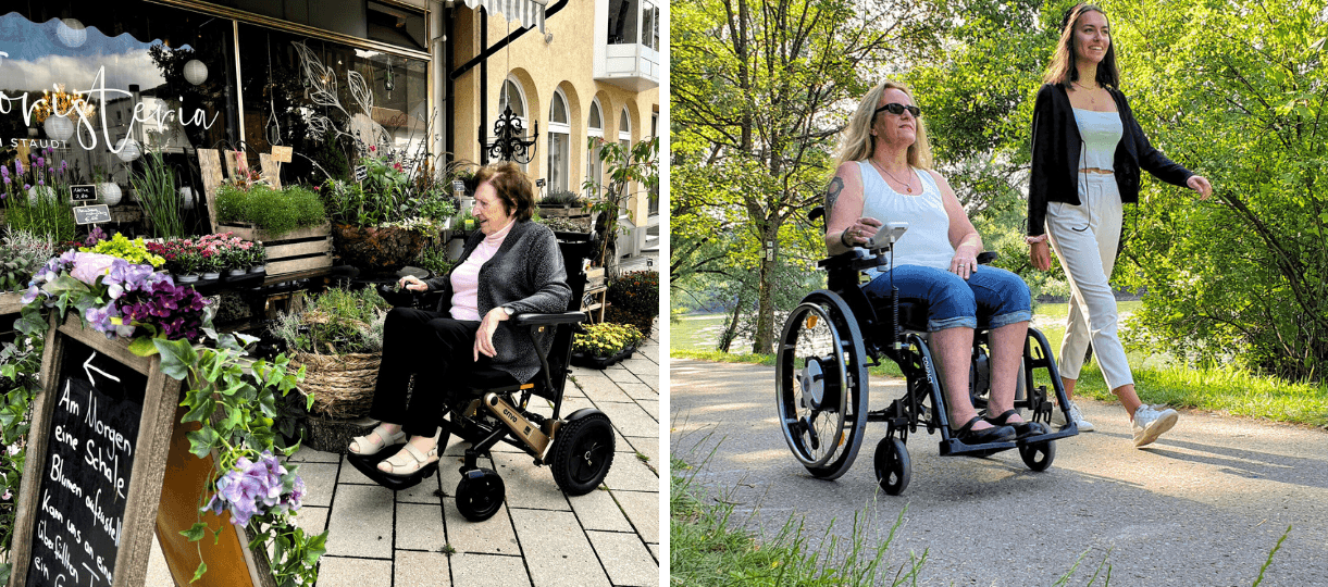 Linker Bildabschnitt zeigt eine Frau im erivo vor einem Blumengeschäft. Rechter Bildabschnitt zeigt eine Frau im e-fix bei einem Spaziergang durch die Natur mit ihrer Tochter.