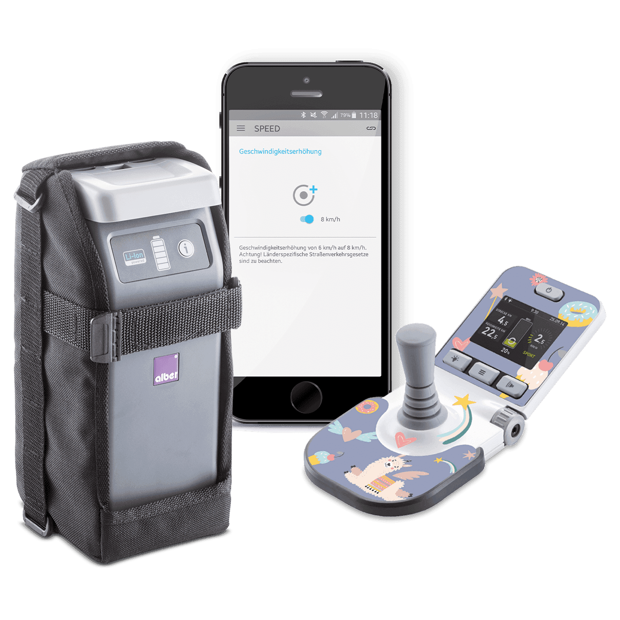 e-fix Wechsel-Akku neben Smartphone-Screen mit Geschwindigkeitsanzeige (8,0 km/h) und Joystick mit bunten Aufklebern aus dem e-fix Stickerset