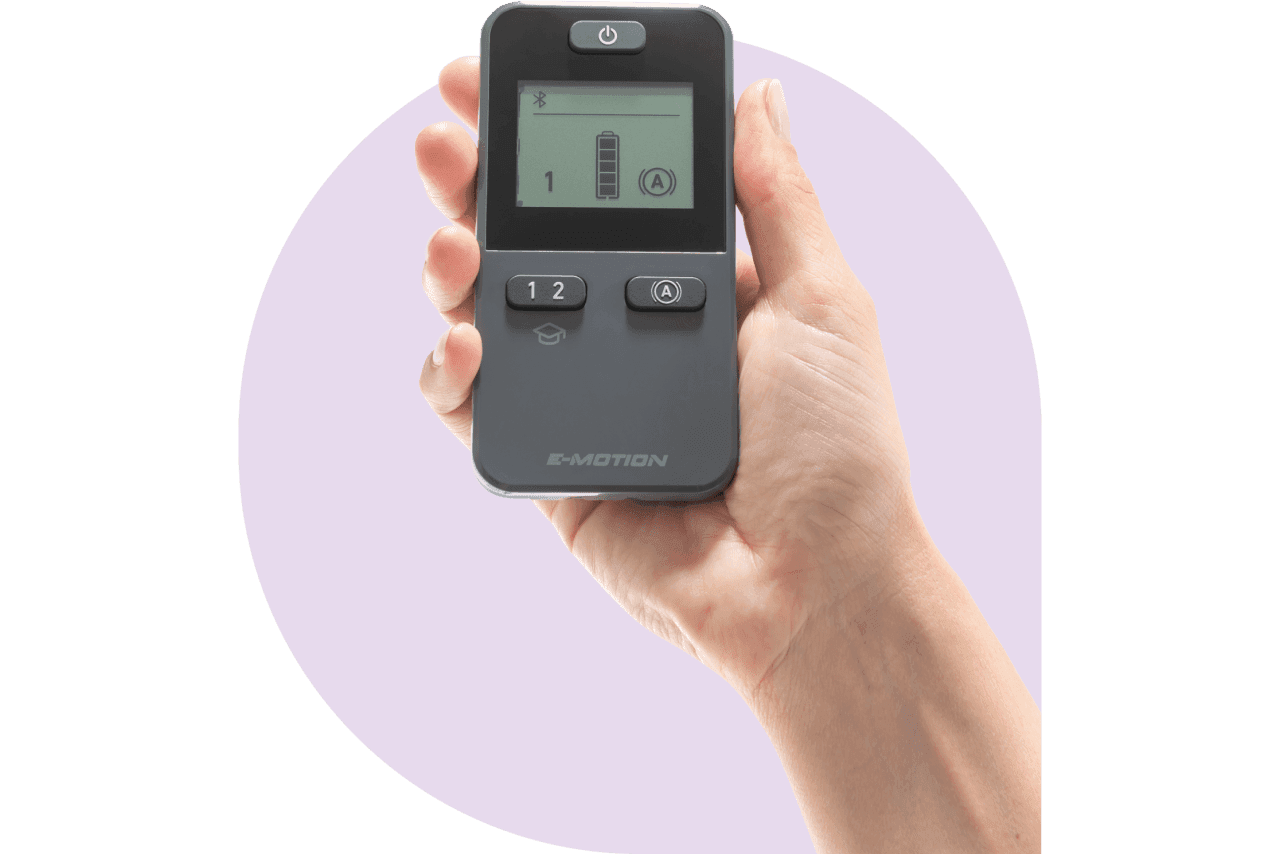 Hand hält grauschwarze ECS-Fernbedienung – Blick aufs Display u. a. mit Bluetooth- und Batterieanzeige
