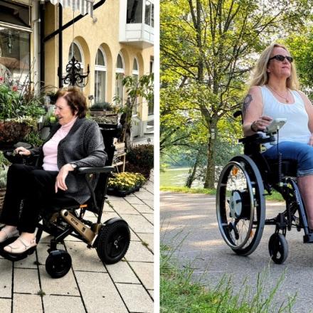 Linker Bildabschnitt zeigt eine Frau im erivo vor einem Blumengeschäft. Rechter Bildabschnitt zeigt eine Frau im e-fix bei einem Spaziergang durch die Natur mit ihrer Tochter.