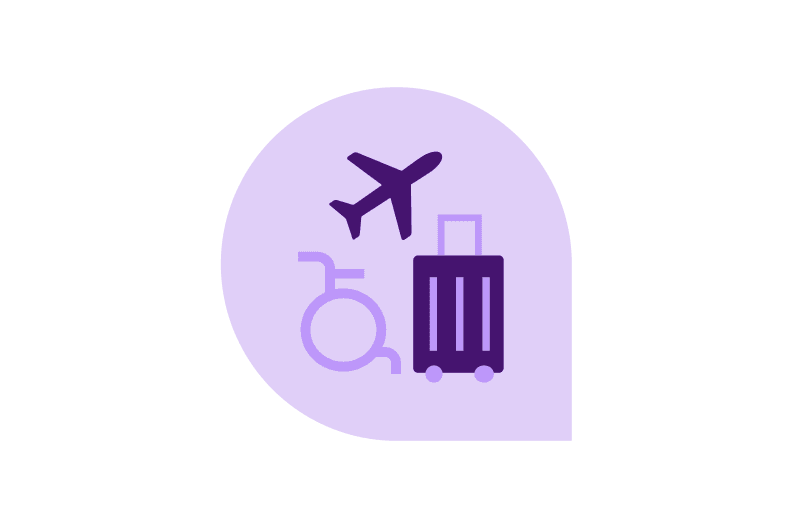 Priktogramm mit Koffer und Flugzeug und Rollstuhl Icon Reply