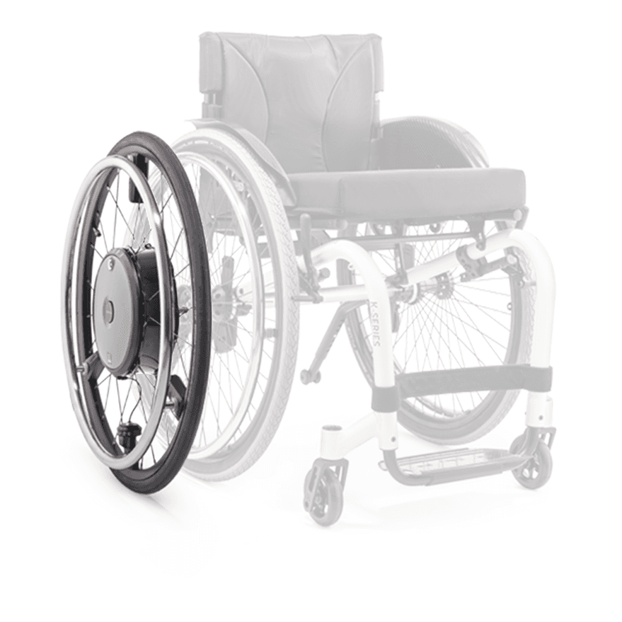 Ansicht Rollstuhl, grafisch hervorgehobenes Rad mit Elektroantrieb e-motion