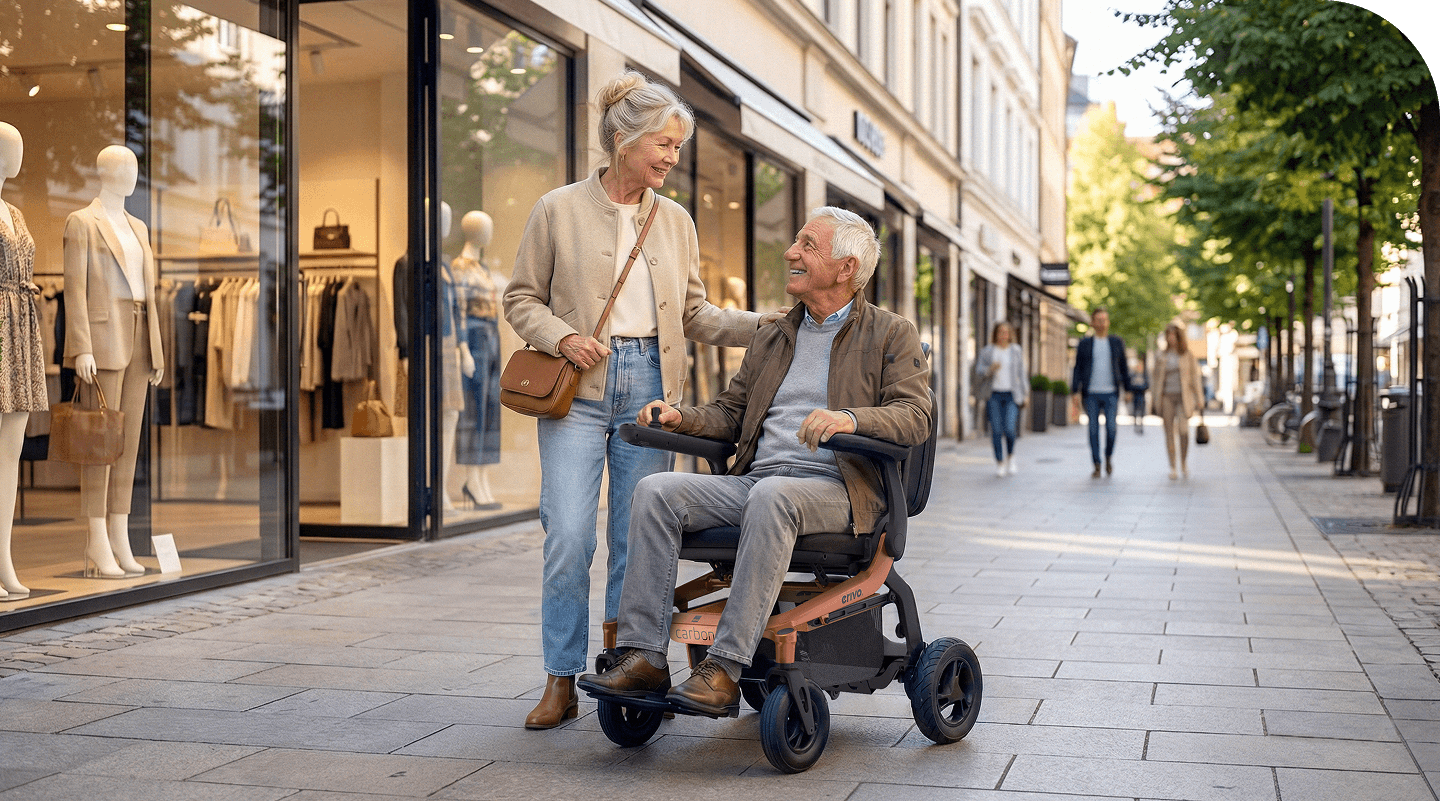 Ältere Frau mit älterem Mann im faltbaren E-Rollstuhl erivo carbon sind in der Innenstadt auf Shoppingtour und lächeln sich dabei fröhlich an.