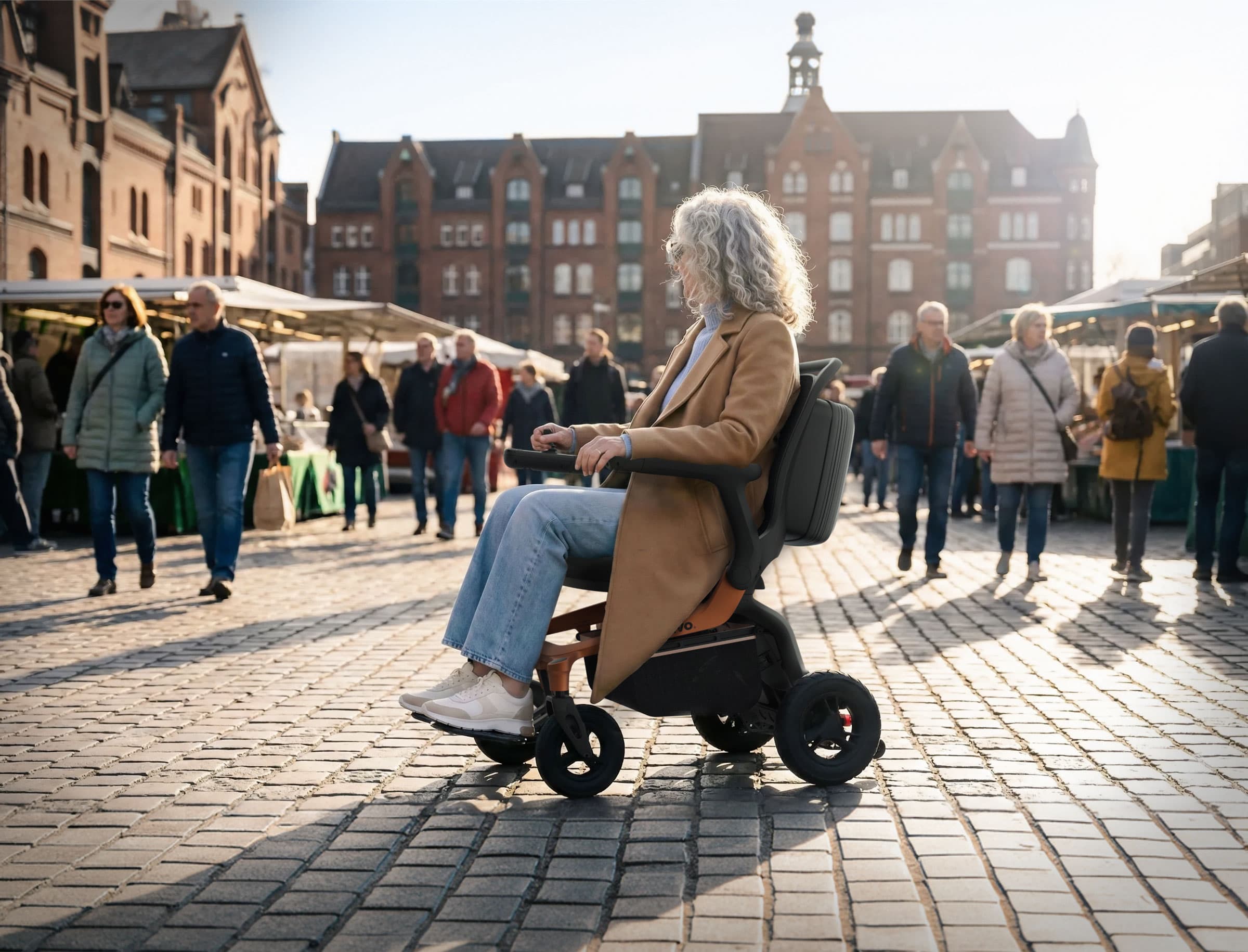 Frau sitzt in faltbarem Elektrorollstuhl carbon auf dem Hamburger Fischmarkt entspannt in der Sonne.